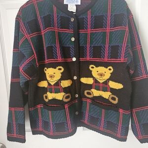 Tally Ho Black Plaid Knit Cardigan with Yellow Teddy Bears